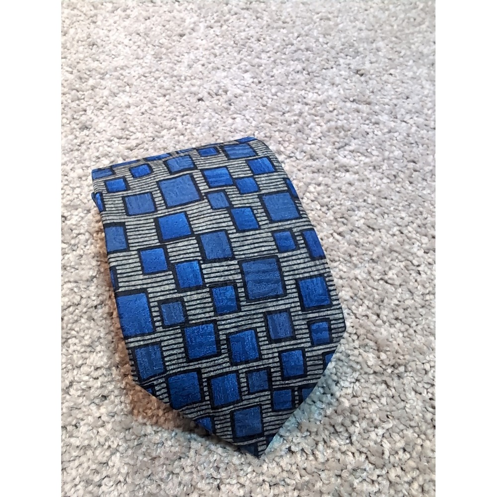 Serica Men Blue Gray Geometric Squares Silk Blend Necktie Handmade‎ in Italy